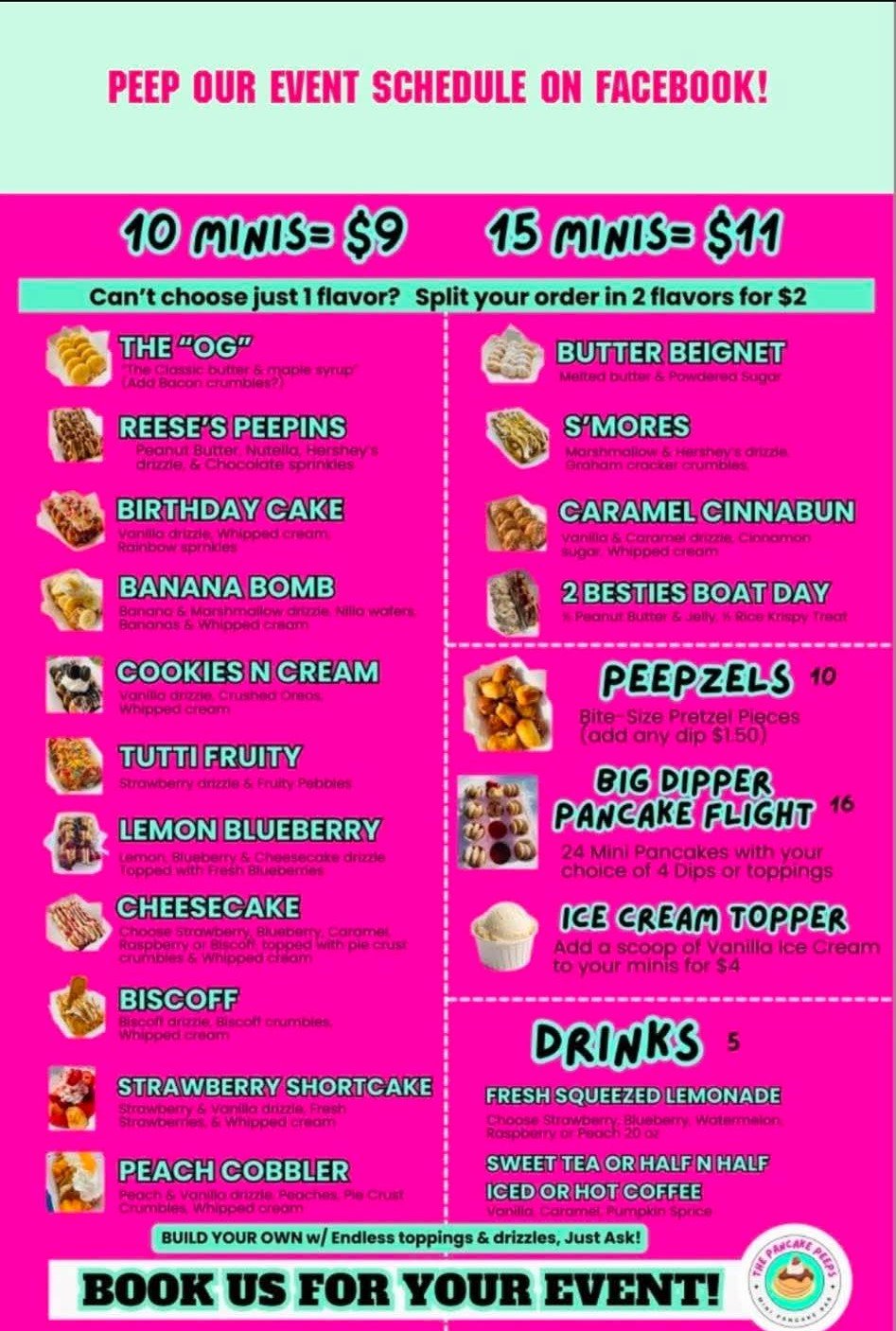 The Pancake Peeps menu: 10 minis for $9, 15 minis for $11, plus every flavor, Peepzels, Big Dipper flight and drinks
