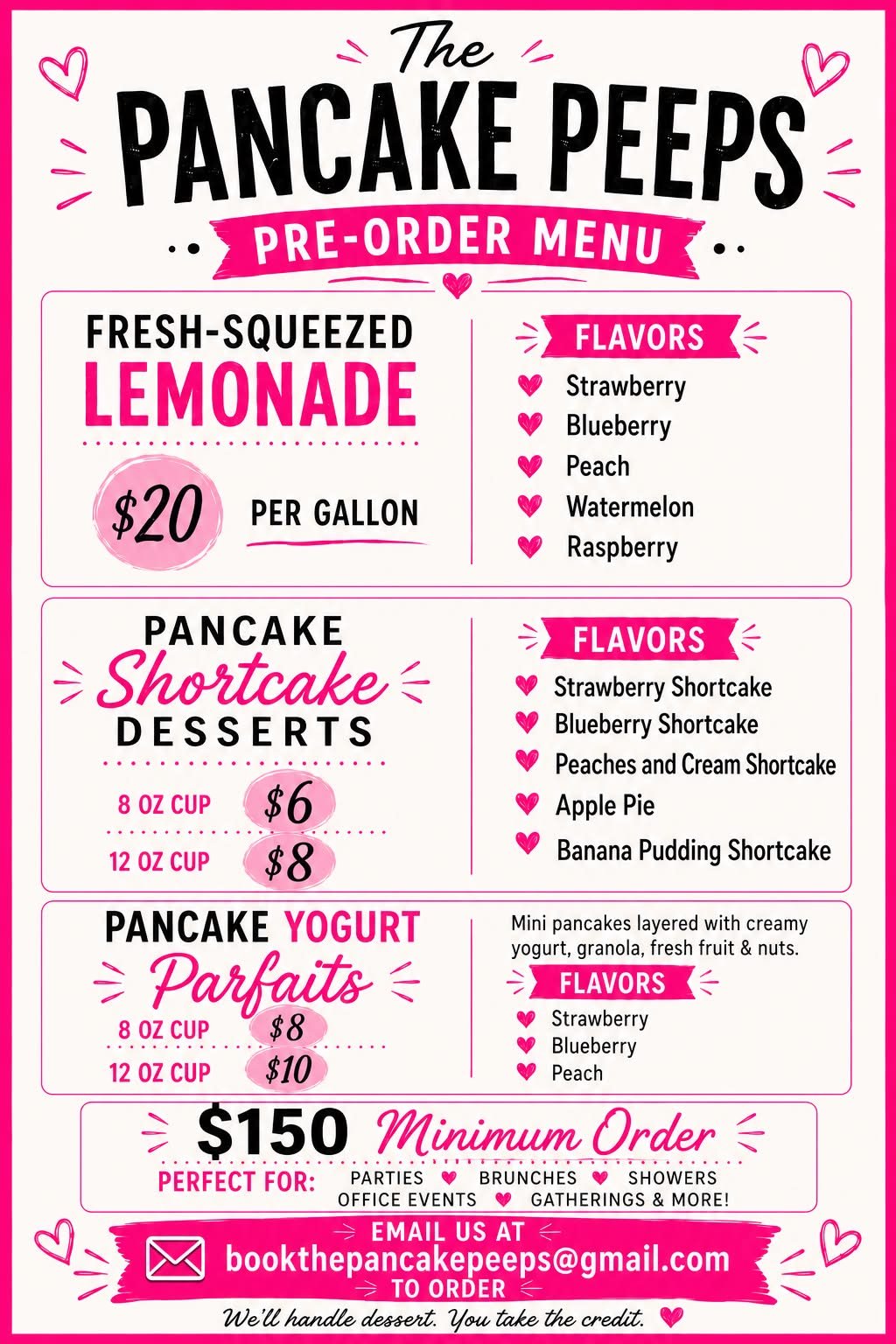 Pre-order menu with shortcake desserts, yogurt parfaits and lemonade