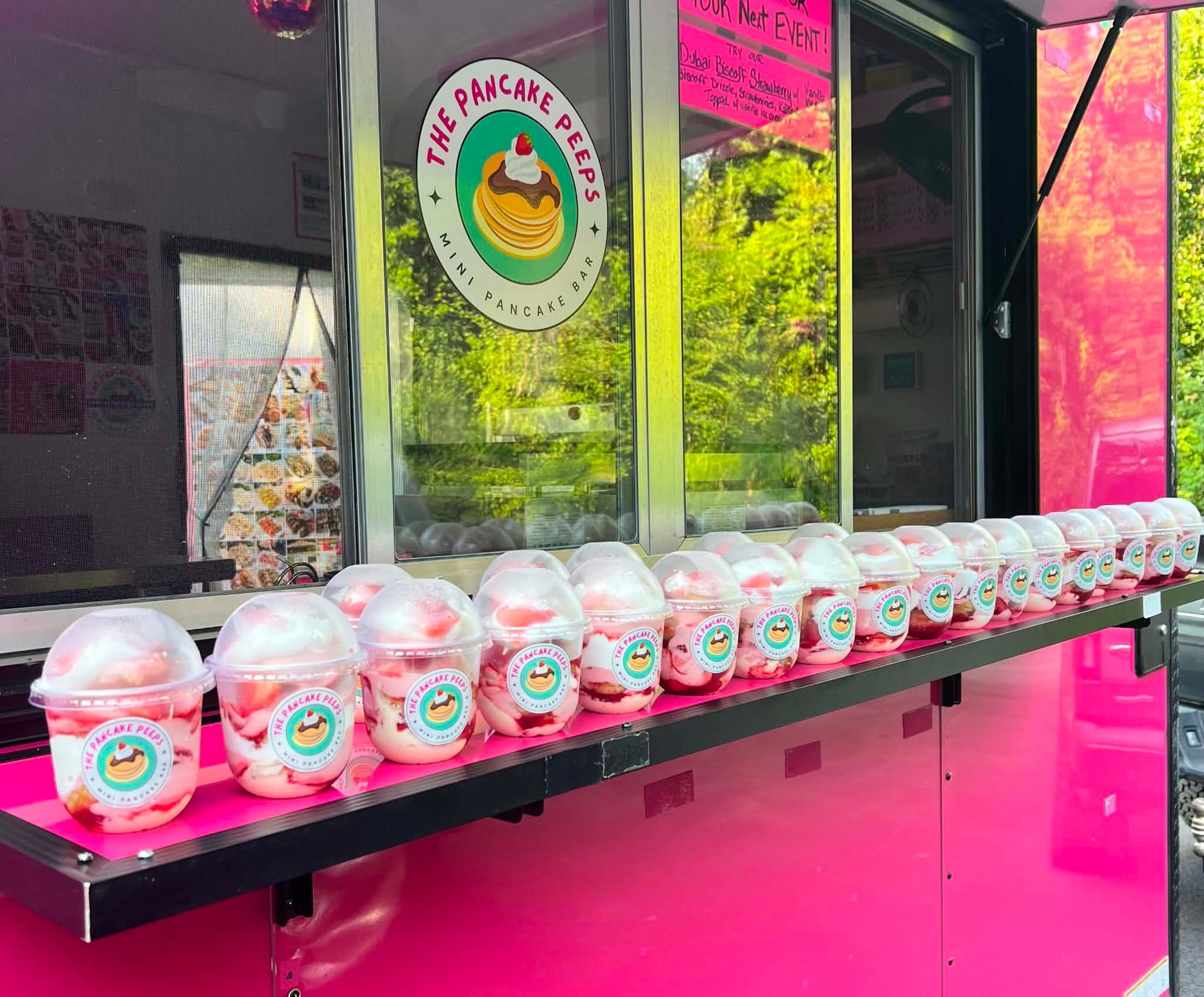 Strawberry pancake cups lined up at the PEEPSMOBILE window